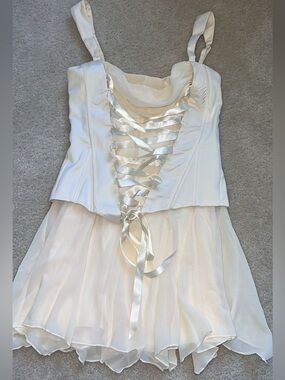 OhPolly Ivory Satin Lace-Up Bodice Chiffon Skirt Dress